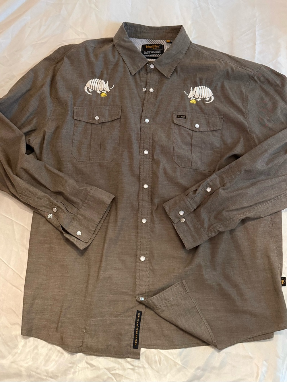 Howler Brothers Brown Button-Down Shirt with Embroidered Armadillos